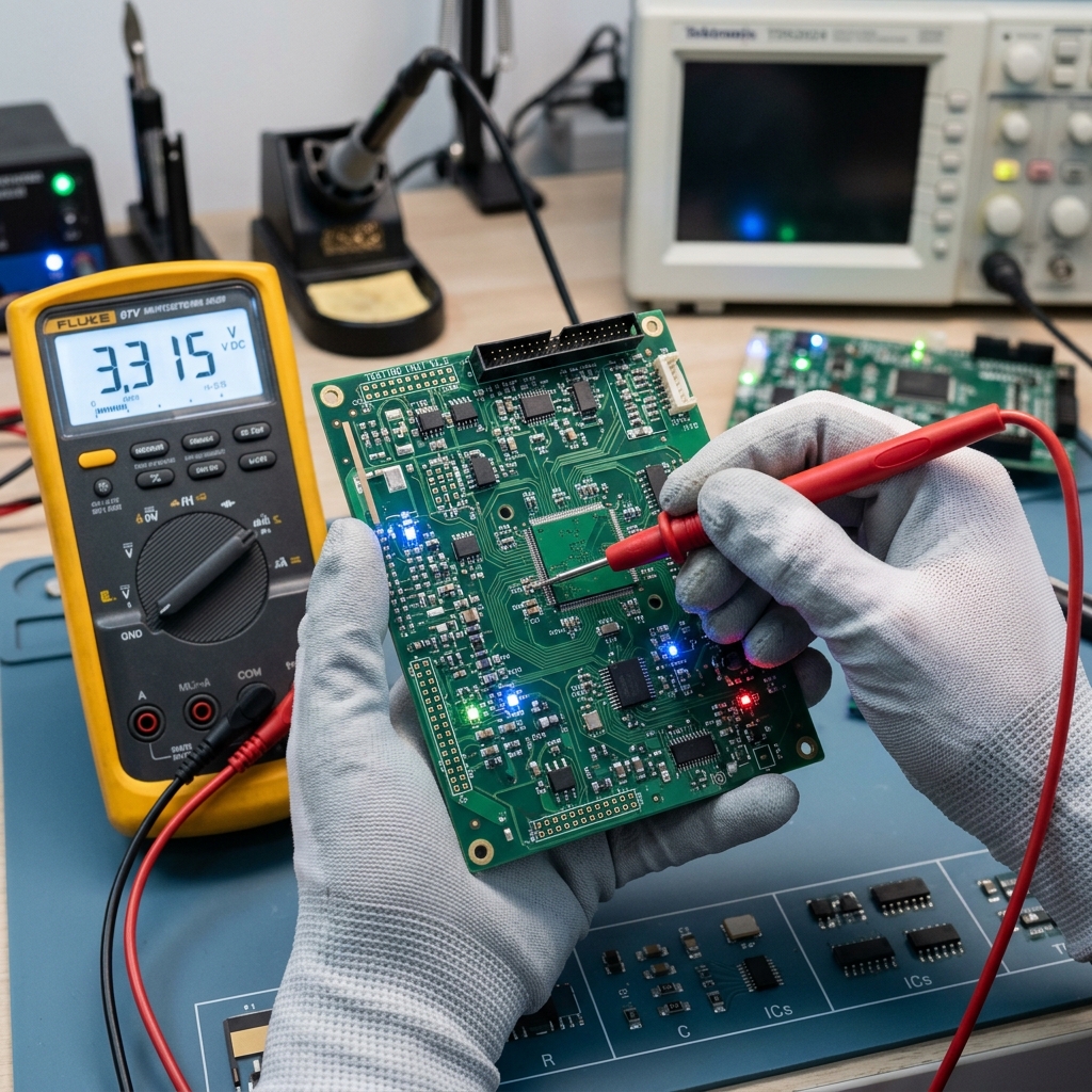 Close-up of electronic component testing and diagnostics