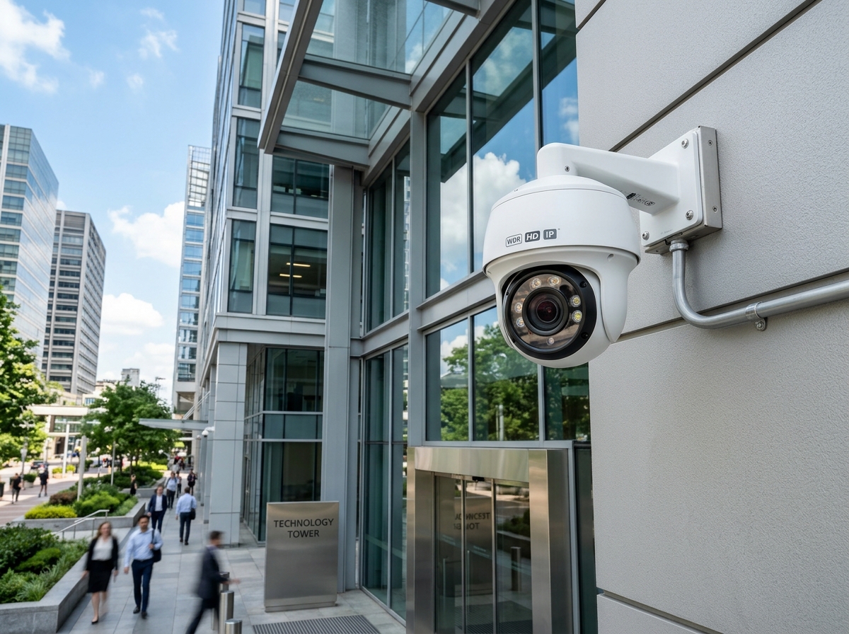 HD CCTV security camera installed on commercial building wall