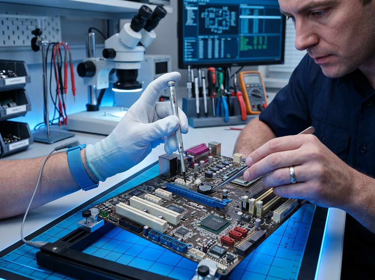 Technician repairing computer motherboard and diagnostics