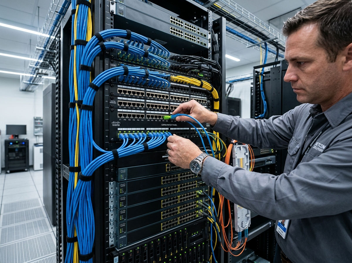 Technician connecting high-speed network cables in server rack